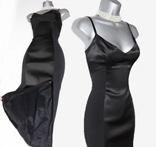 KAREN MILLEN UK8 Black Satin & Georgette Strappy Cocktail Ascot Race Midi Dress