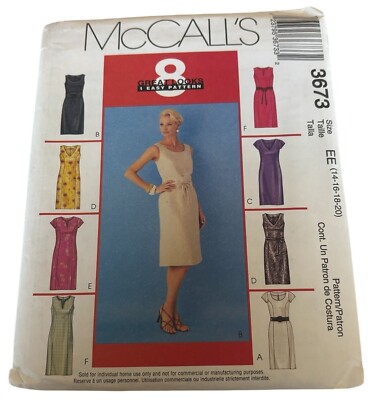 McCalls Sewing Pattern 3673 Straight Dress Career Work 8 Looks 14 16 18 20 Uncut