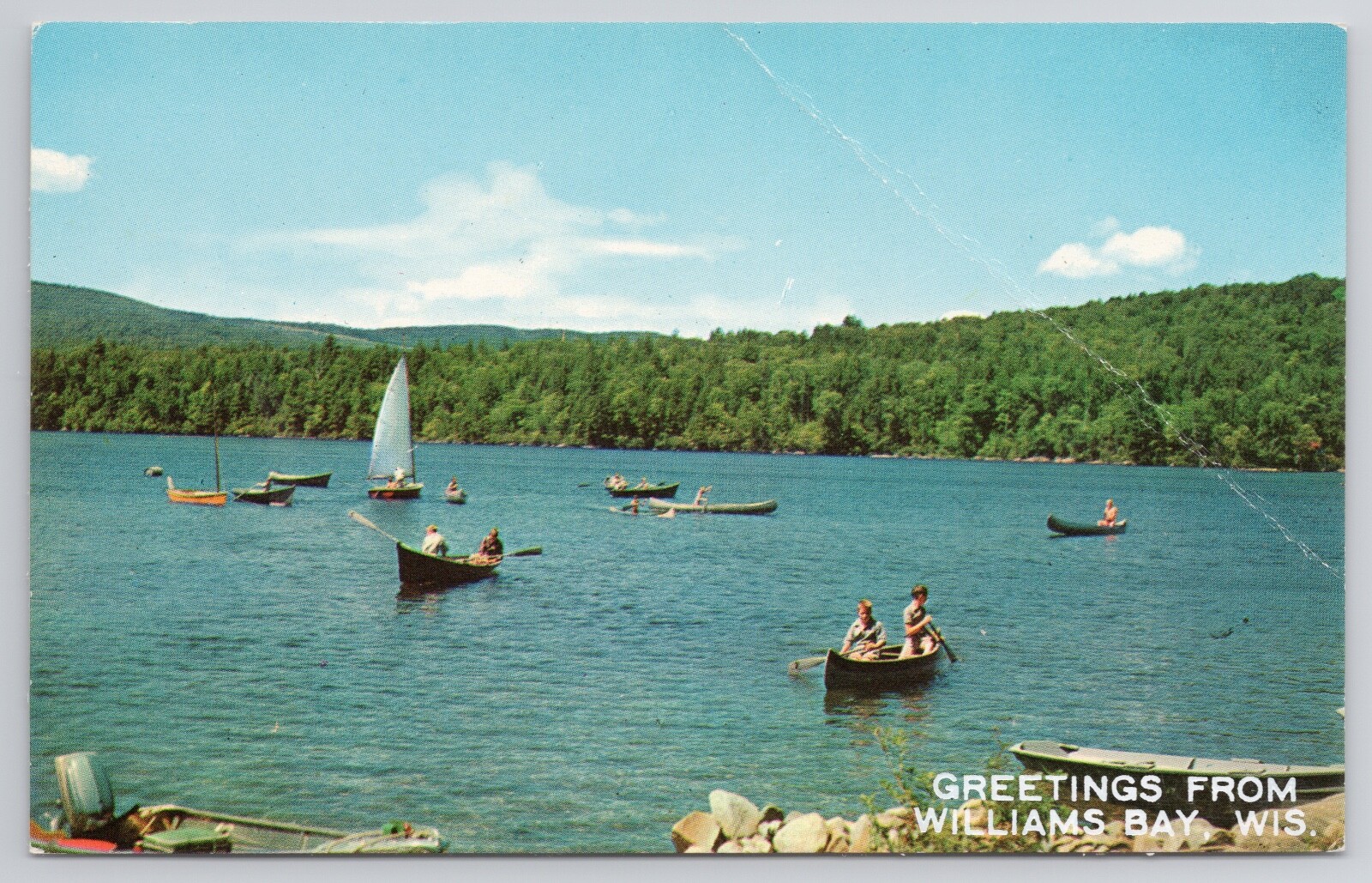 GREETINGS FROM WILLIAMS BAY WISCONSIN, OLD CANOES AND SAIL BOATS