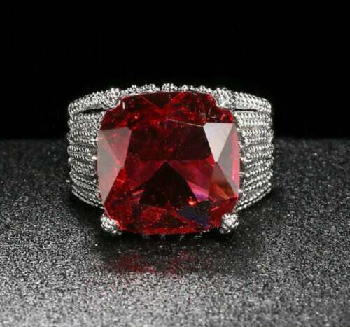 Lab Created Solitaire Style With Red Cushion & White Shape Gemstone Women's Ring - Picture 1 of 6