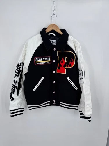 Men's Play2Win Varsity Bomber Jacket Black White Size XL - product listing photo