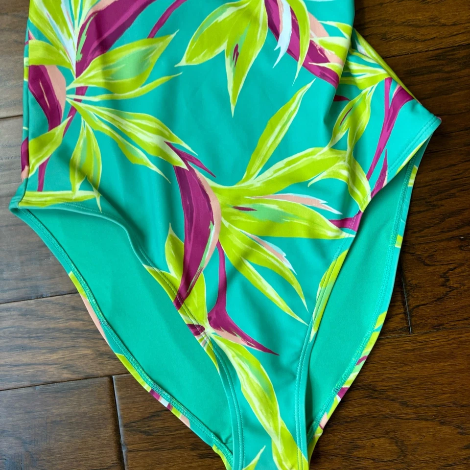 Nuevo con etiquetas Traje de baño de un hombro estampado azul marino antiguo Tropic Days talla M vacaciones UPF 40 Foto 3 de 4