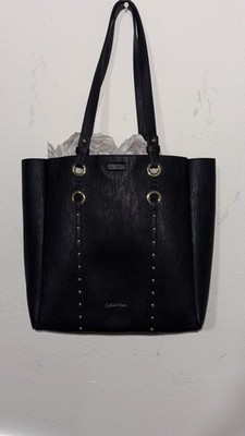 Calvin Klein Women s Black Pebbled Tote Gold Hardware Studded Detachable Strap