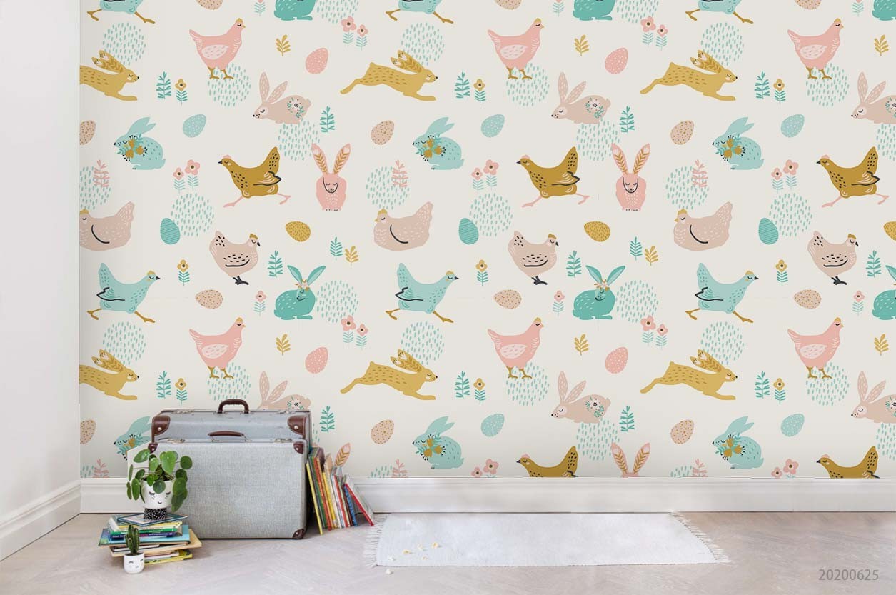 3D Rabbit Chicken Watercolor Pattern Wall Murals Wallpaper Murals Wall Sticker