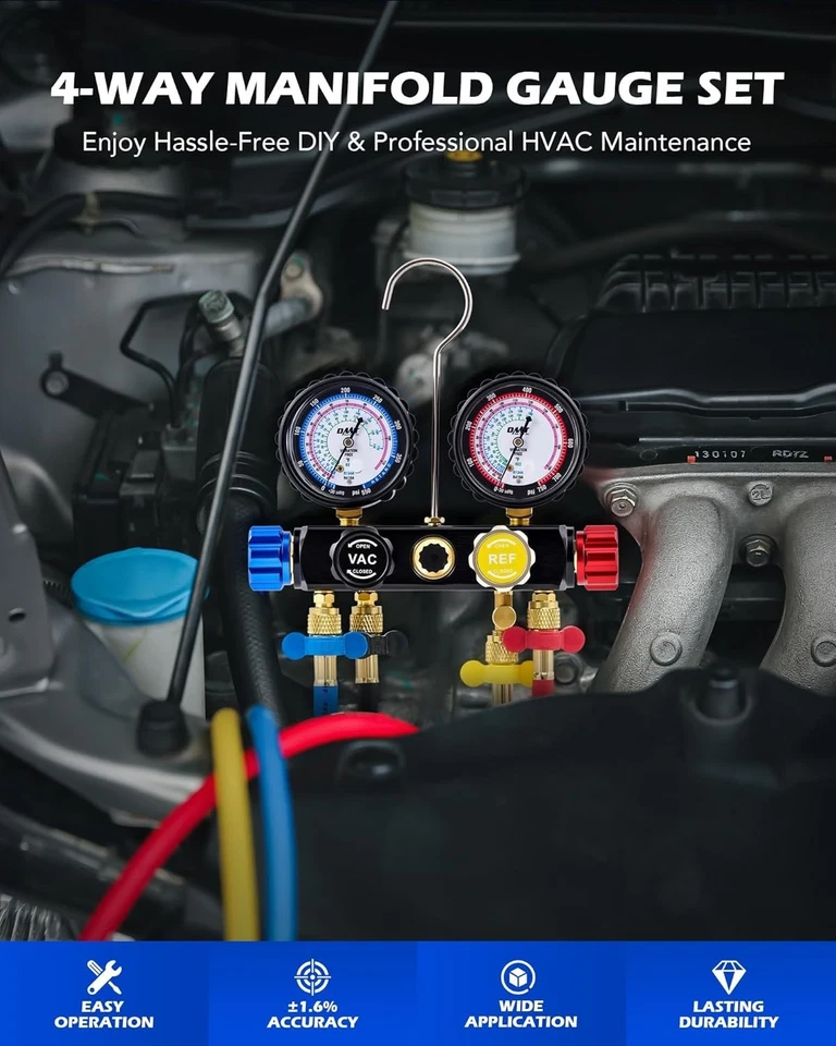 Juego de manómetros de CA de 4 vías para refrigerante R410a R22 R134a Foto 4 de 4