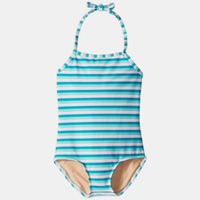 ToobyDoo Girl's Blue Striped Halter Kid's One-Piece Swimsuit Size 11-12