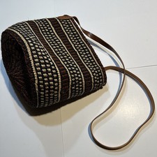 Vintage African Nthungi Kenya Sisal Straw Bucket Market Bag Leather Strap Purse