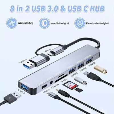 USB 3.0 Hub Verteiler Splitter Adapter USB C 8 IN 2 für Notebook Handy Laptop PC