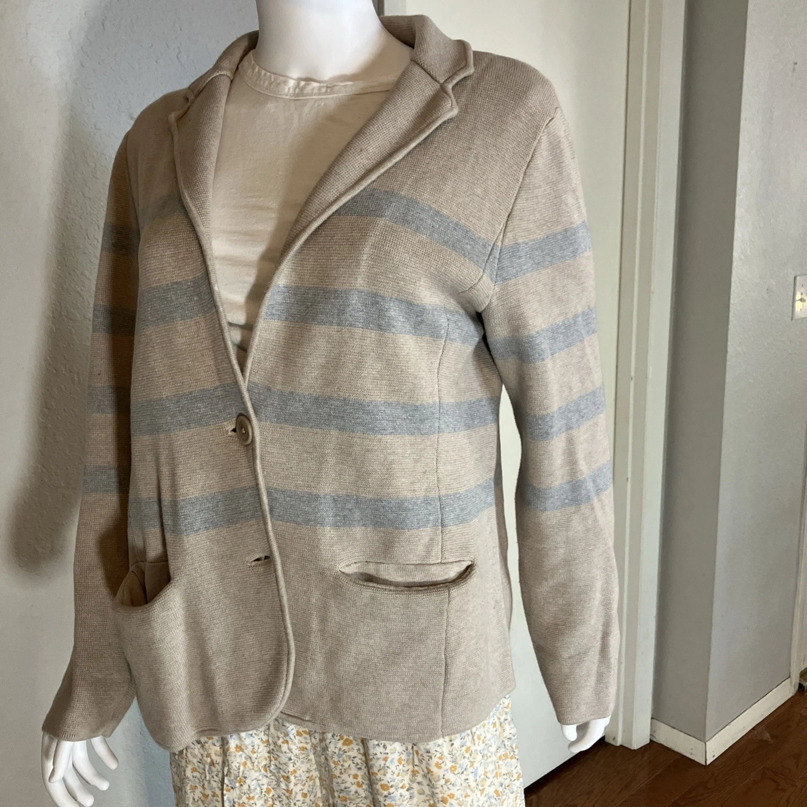 Talbots Khaki Blue Striped Mod Sweater Knit Blazer Jacket Two Button Women’s M