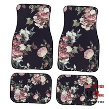 Floral Car Floor Mats Set, Seamless Floral Pattern with Roses Pink Black