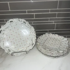 Lot of 6 Vintage Dresden Germany Hand Painted Pink Yellow Rose Gold Trim Plates