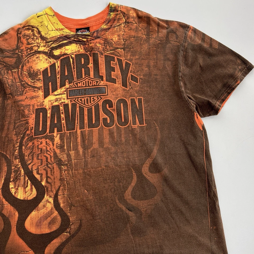 Camiseta vintage y2k Harley-Davidson Flame Motorcycle All Over Print naranja 2XL Foto 3 de 4