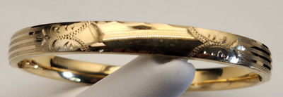B.A.B. Gold Tone Etched Bangle Bracelet, Brass Guard. 7  Circumference