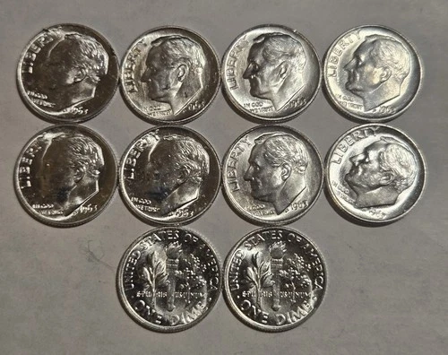 1963 BU Silver Roosevelt Dimes. Tube Fresh Lot Of 10 Beautiful Coins