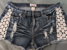 Mudd Denim Blue Jean Cut Off Shorts White Floral Embroidery Sz 5 Waist 29"