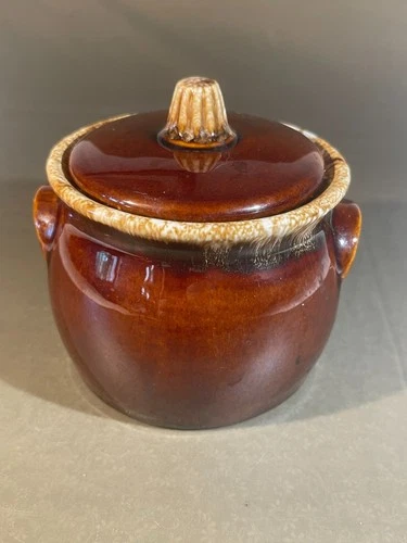 Hull Oven Proof Brown Drip Glaze Individual Bean Pot & Lid Vintage 4" (638)