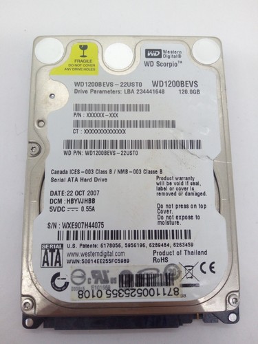 WESTERN DIGITAL *WD1200BEVS-22UST0* 120GB* SATA HDD Notebook 2,5 Zoll #NFP1875
