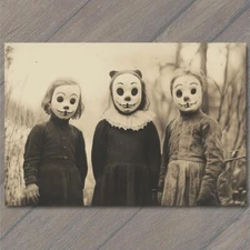 Art Print Children in Eerie Animal Masks Strange Old-Fashioned Halloween Kids