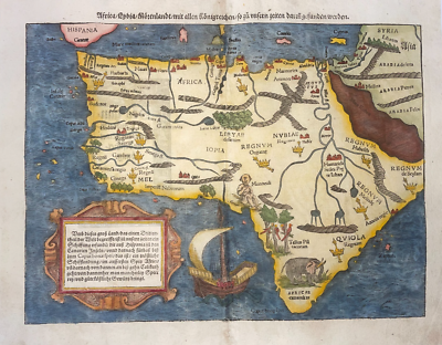 AFRICA 1578 SEBASTIAN MUNSTER LARGE UNUSUAL ANTIQUE MAP GERMAN
