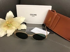 Celine CL40235U 30N Triomphe Metal Oval Sunglasses Gold Green Lens AUTHENTIC