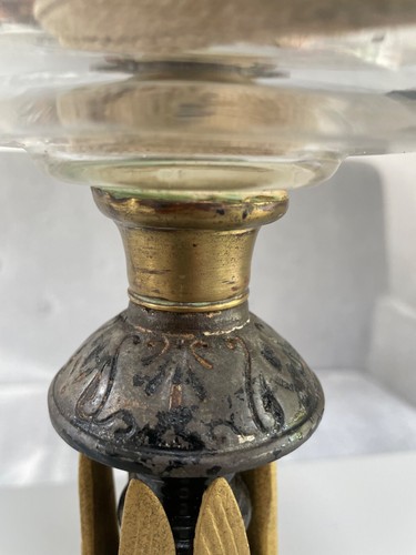cast iron Egyptian Revival WINGED SPHINX OIL LAMP BACARRAT CUT GLASS FONT BURNER - Picture 5 of 14