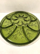 Deviled Egg And Relish Divided Serving Platter Tray Indiana Green Glass Vintage