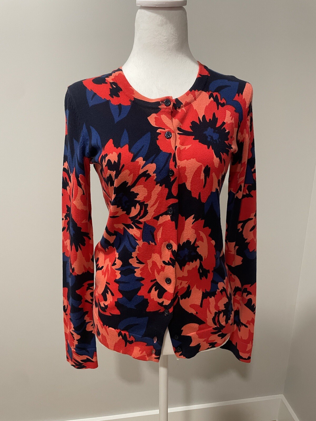 Tommy Hilfiger Coral Navy Cotton Floral Cardigan XS Retro Preppy Style