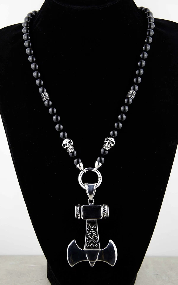 Herren Männer Halskette Rosenkranz Y-Kette Onyx Edelstahl Totenkopf Thors Hammer - Bild 1 von 4