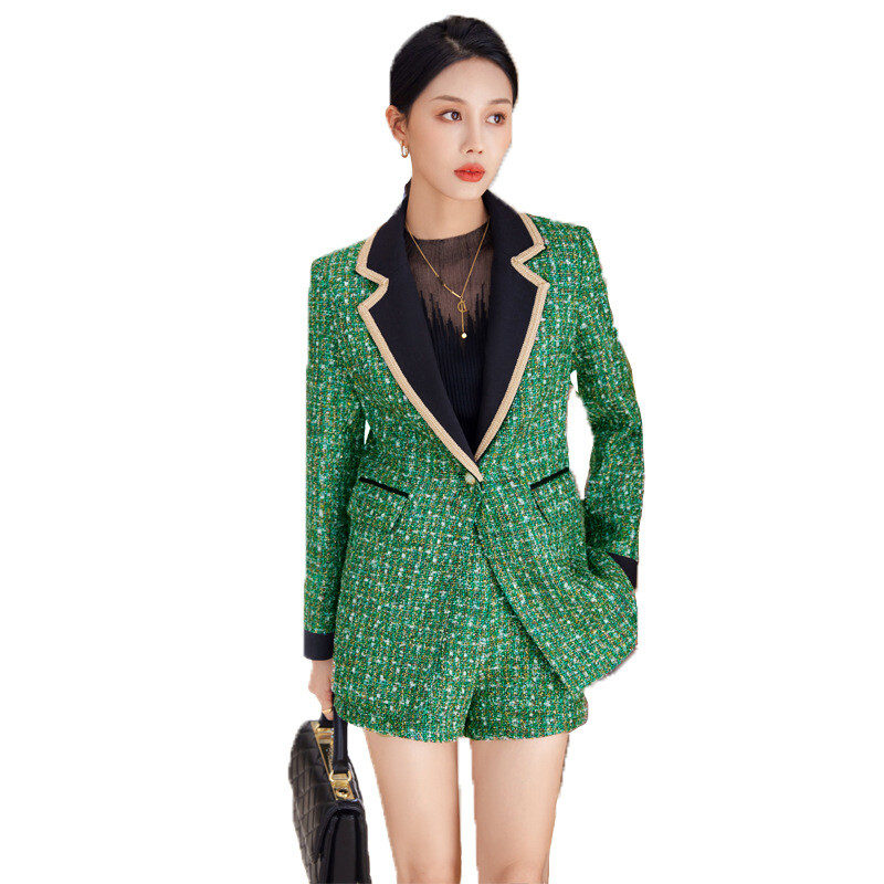 Autumn/Winter Korean Two Piece Set Tweed Shorts Woolen Suit Coat Womens