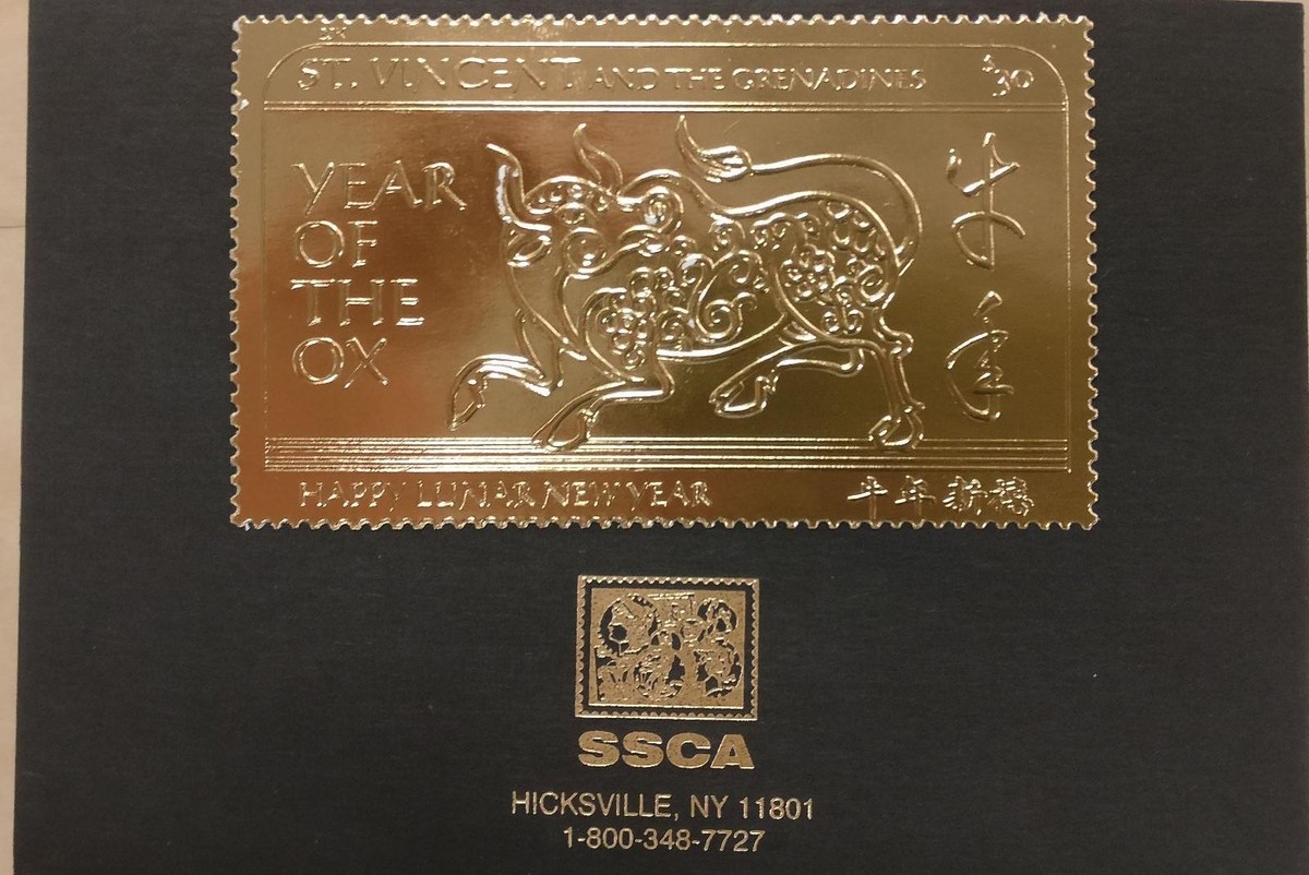 St. Vincent - Year of the Ox 24K Gold Stamp with First Day
