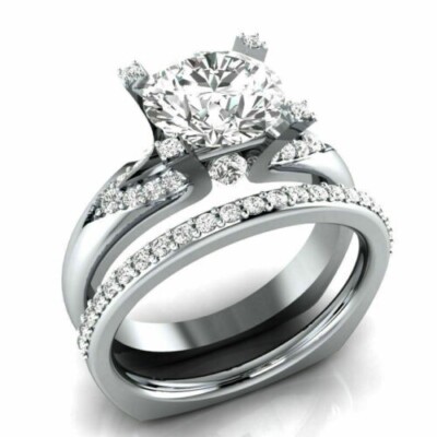 2.10 Ct Round Cut Moissanite Engagement Bridal Ring Set Solid 14K White ...