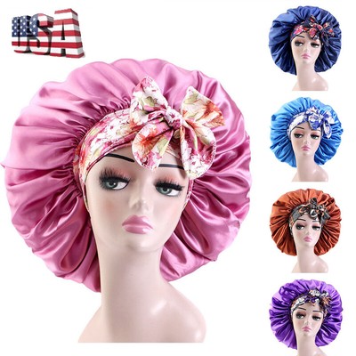 Women Large Double Layer Print Satin Bonnet Adjustable Shower Cap Bonnet Hat