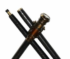 Steam egine Brass Telescope 3 fold black Leather Walking Stick Engraved designer