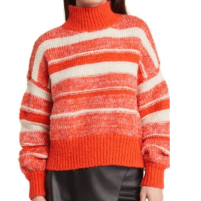 Vero Moda Kamma Variegated Stripe Mock Neck Sweater Small Tangerine Tango Deta