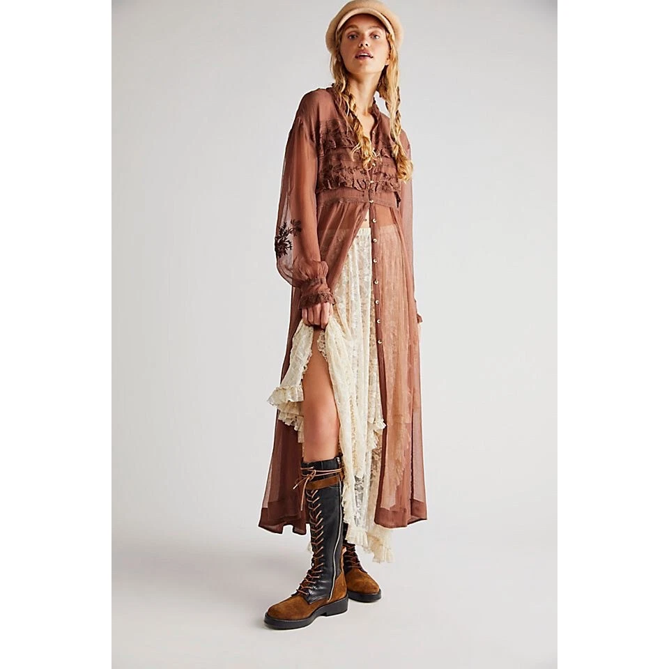 Free People Amelia Lace Maxi Dress (L) in Mushroom