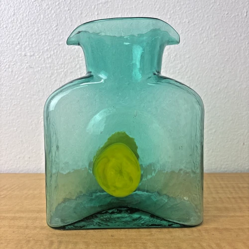 Blenko 2021 Glass Water Pitcher Carafe Dollop Green Yellow Double Spout Rare