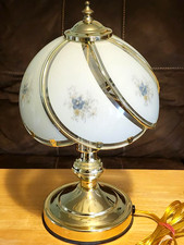 Vintage 3-Way Gold Tone Touch Accent Lamp 6 Swoop Blue Floral Glass Panels 14
