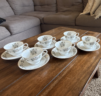 Noritake Laurette 5047 China Floral Gold Trim Tea Cup & Saucer 6 settings