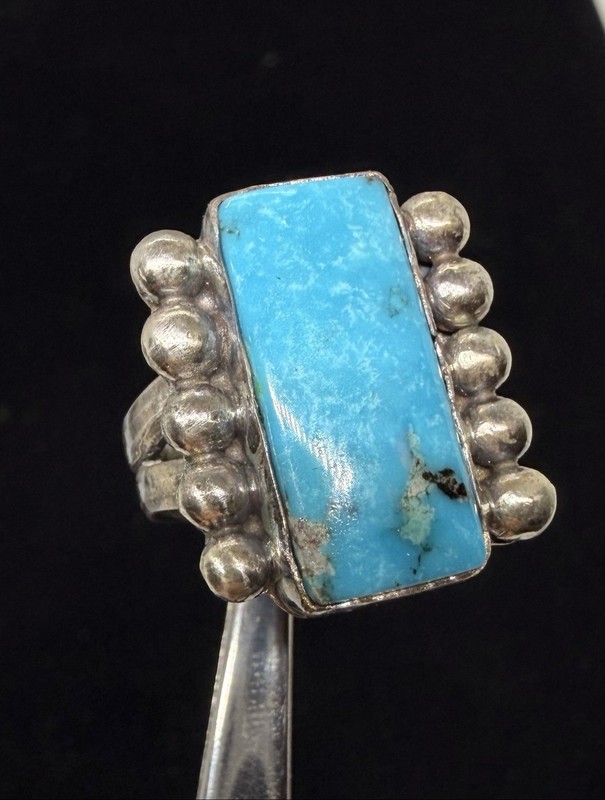 Thick VTN Old Pawn Native American Sterling Kingman Turquoise Matrix Ring sz7.5