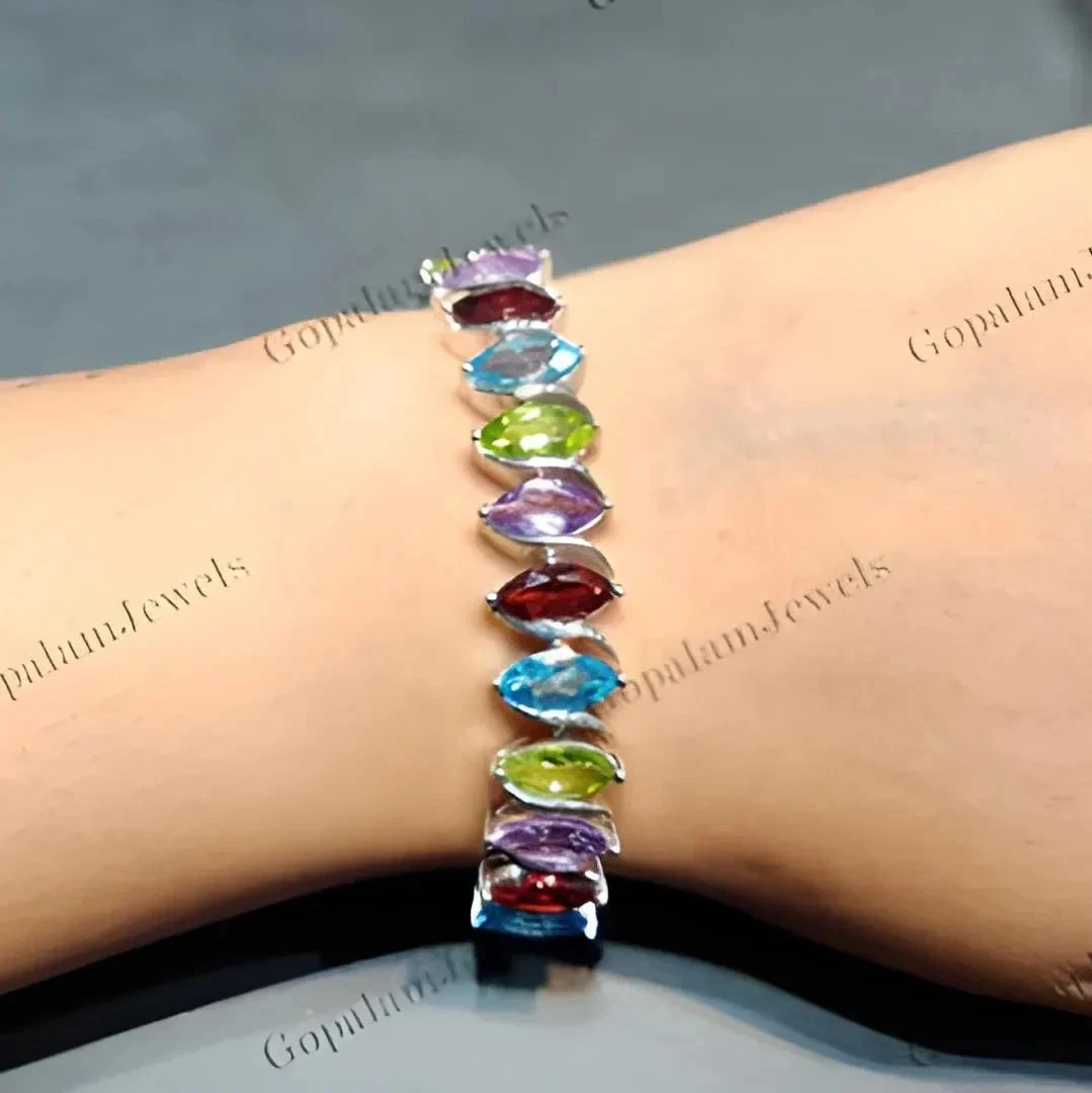 Multi Gemstone Garnet Peridot Amethyst Topaz Tennis Bracelet Sterling Silver
