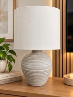 Natural Ribbed Grey Ceramic Table Lamp & White Drum Light Shade Bedroom 37cm