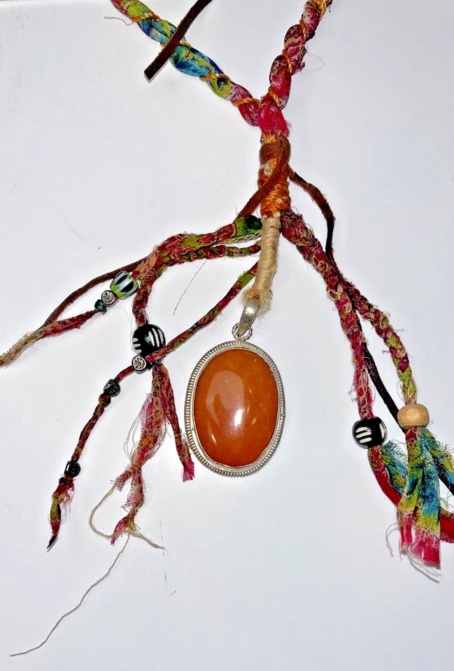 Orange SUNSTONE 925 Sterling Silver Pendant Long Sari Silk Boho Tribal Necklace - Image 2 of 4
