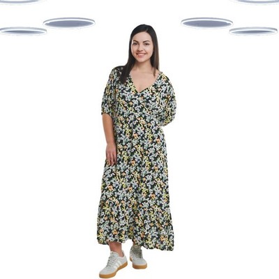 Ex Simply Be Women's Plus Size Ditsy Print Crinkle Wrap Midi Dress in Black