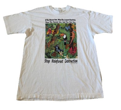 Vintage 1993 Stop Rainforest Destruction Single Stitch USA Shirt White Men XL