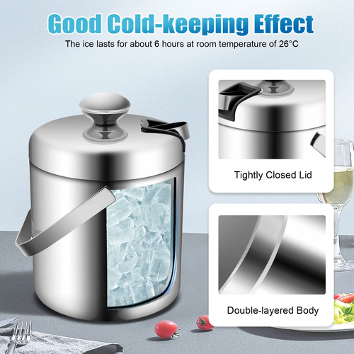 Stainless Steel Ice Bucket 1.3 Liter Double Wall with Lid Tongs Wine Beer Cooler - Picture 3 of 8