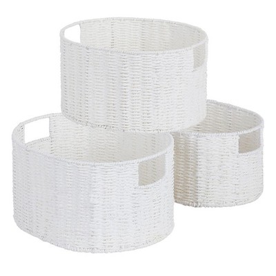 3 PCS White Round Hand Woven Paper Rope Wicker Storage Basket Bin Handle