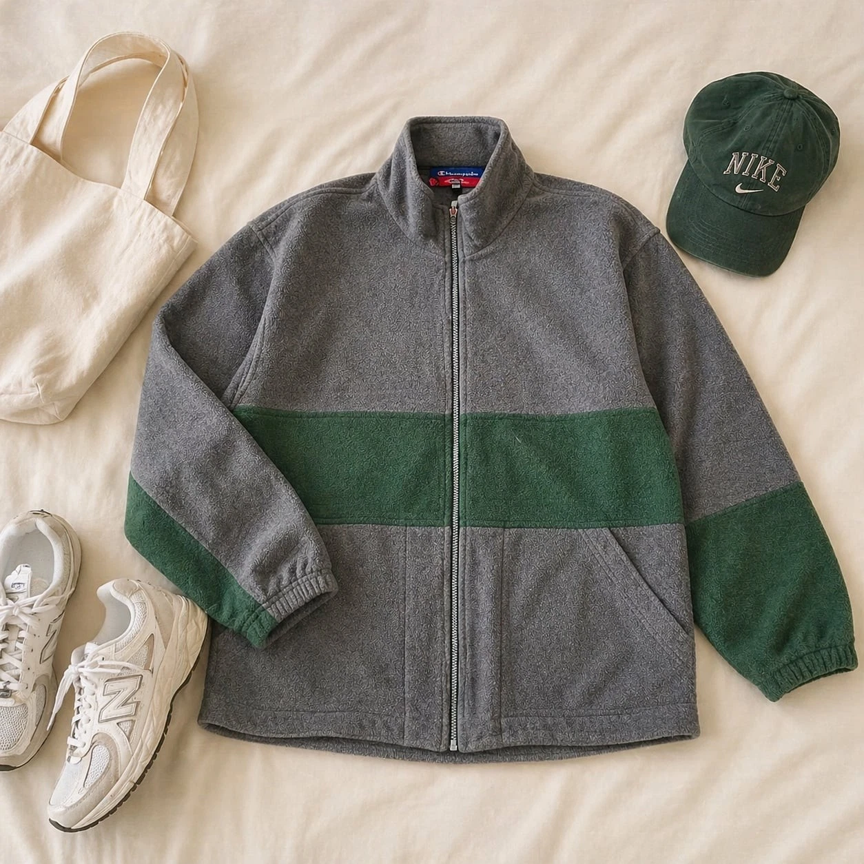 Champion Fleece Jacket Green Gray Zip Up Men’s XL Gorpcore Y2K