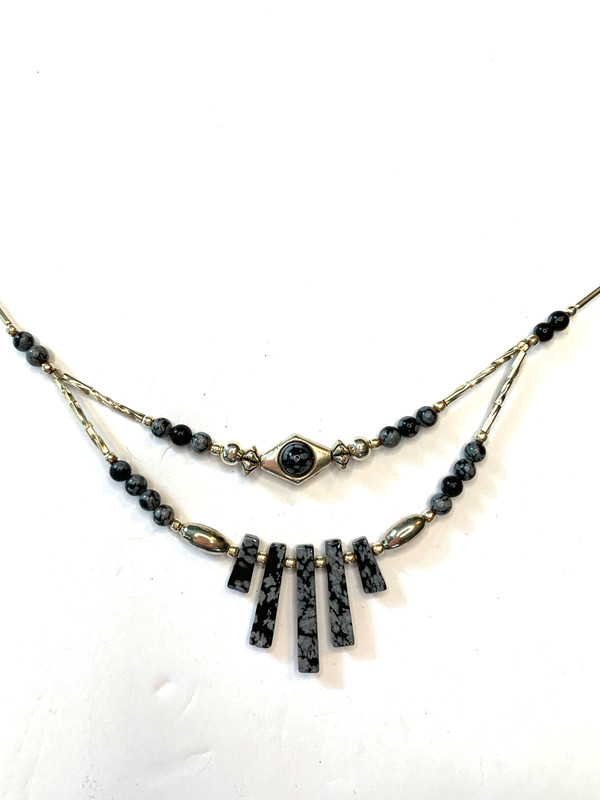925 Liquid Silver Snowflake Obsidian Bib Necklace 18"