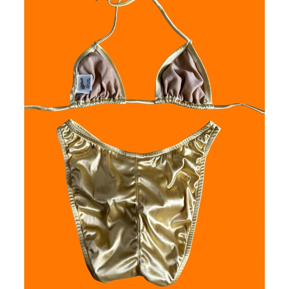 Bikini vintage años 90 dorado satinado sedoso corte alto pierna alta XS *sin existencias* Foto 4 de 4
