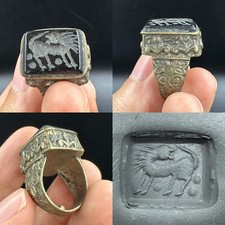 Ancient Roman brass black agate animal intaglio unique ring
